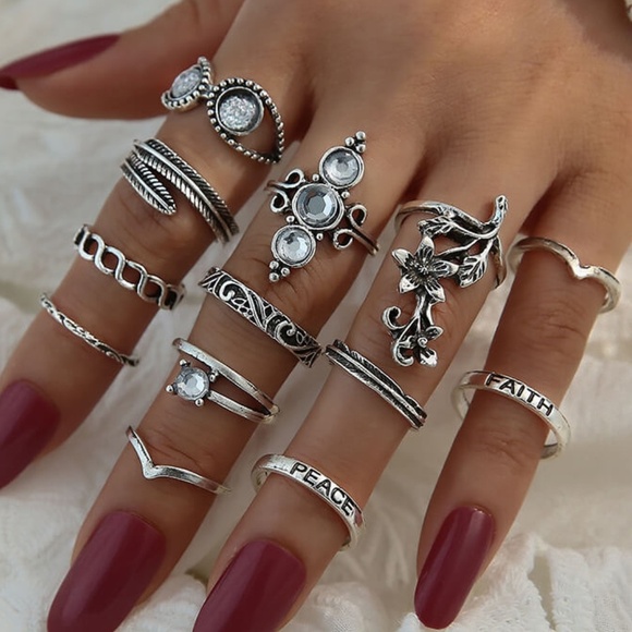 **NYALA* 13-Pc Silver Feather Design Fashion Ring Set - Picture 1 of 7